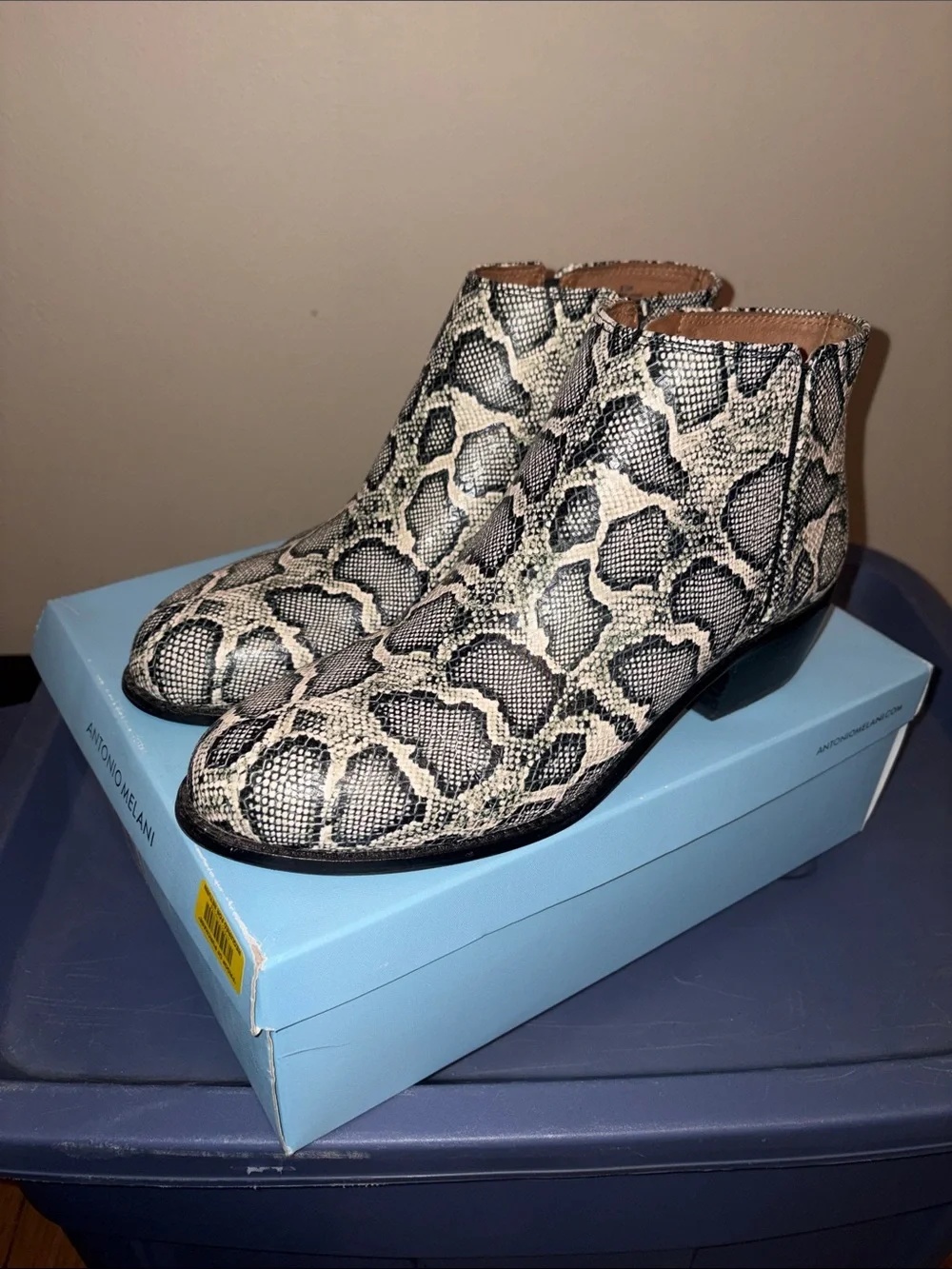 ANTONIO MELANI Snake-Print Ankle Booties in Black & Cream